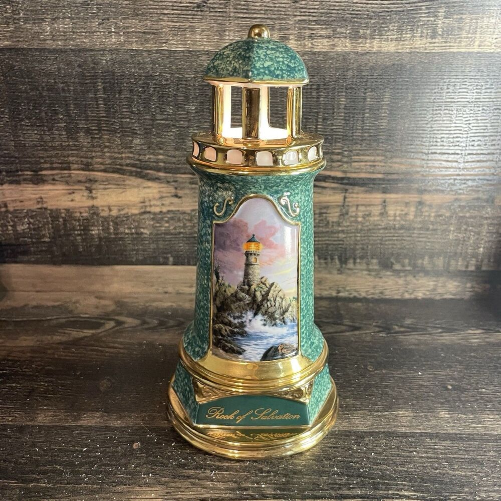 Thomas Kinkade "Rock Of Salvation" Illuminated Green Lighthouse Lamp Works READ